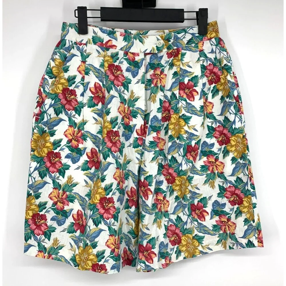 Izod Club Shorts Floral HighRise Pleated Bermuda Linen Cotton Mom Golf